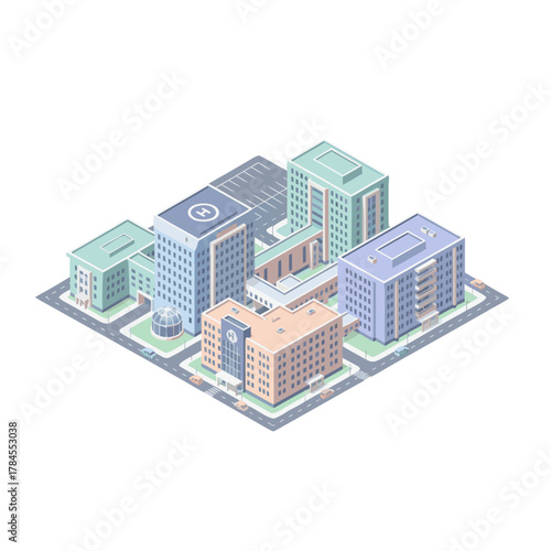 Isometric view of a pediatric hospital complex with child-friendly design soft colors and symmetrical layout featuring multiple buildings and a helipad