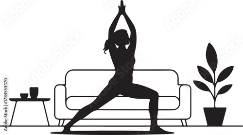 Woman Silhouette in Yoga Pose in Living Room Interior and Wellness Concept Vector Graphic Design Illustration of Healthy Lifestyle