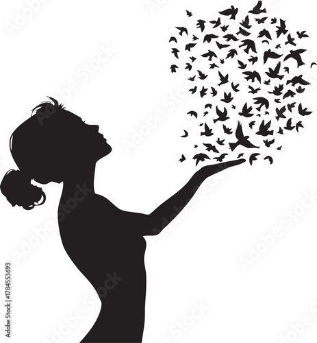 Woman Silhouette with Flying Birds Vector: Concept Graphic for Freedom, Nature, Hope, Release, and Spirituality