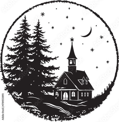 Cozy Winter Night House Silhouette Vector: Christmas Scene with Pine Trees, Stars, and Crescent Moon in a Circle