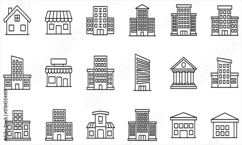 Collection of Minimalist Building Icons Representing Diverse Architectural Styles