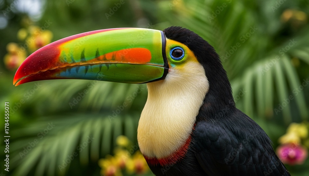Fototapeta premium Vibrant toucan with striking colorful beak poses majestically amidst lush tropical foliage