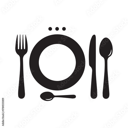 Restaurant icon. Fork, knife, plate and spoon. Menu symbol.  Food, plate, fork, knife, spoon, cutlery icon set.