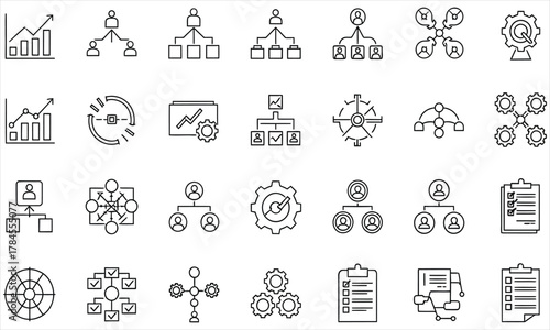 Comprehensive collection of business organization and management vector line icons, illustrating team structure, workflow, data analysis, and process optimization concepts