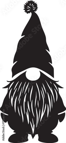 Christmas Gnome Silhouette with Long Pom Pom Hat and Beard Scandinavian Nisse Tomte Holiday Decoration Vector Illustration