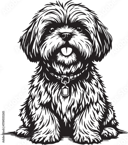 Cute Fluffy Shih Tzu Dog Puppy Sitting with Collar Detailed Vector Illustration for Pet Grooming Logo, T-shirt, or Animal Art