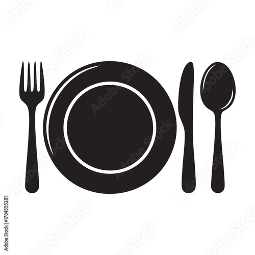 Restaurant icon. Fork, knife, plate and spoon. Menu symbol. Food, plate, fork, knife, spoon, cutlery icon set.