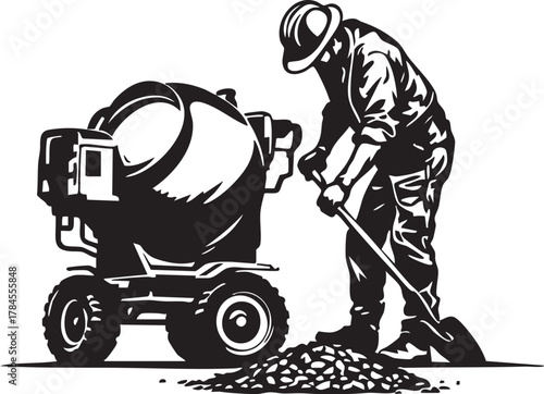 Construction Worker Mixing Cement with Portable Mixer Machine and Shovel Building Site Vector Illustration