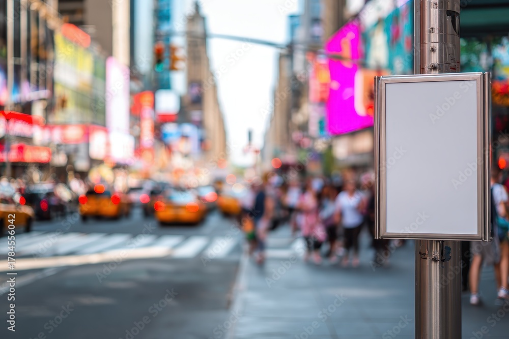 Fototapeta premium Busy Times Square NYC street, blank square poster on lamppost, motion blur people crossing, taxis passing, neon lights, natural sunlight, clean urban aesthetic photo
