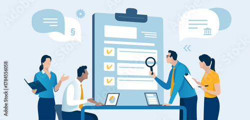 Checklist. Office work. Business team checks the document, contract. Vector illustration 