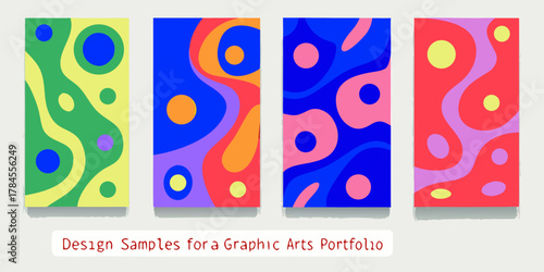 Four vertical abstract organic shape designs in bright bold colors for graphic arts portfolio samples