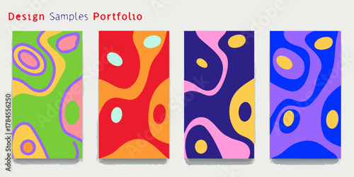 Colorful abstract organic shapes design samples portfolio displayed on vertical panels
