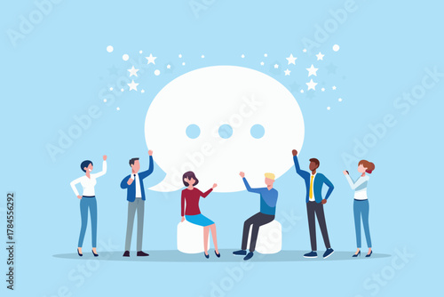 Diverse group of people interacting around a large speech bubble with stars in the background