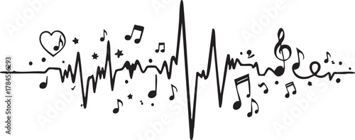 Music Heartbeat EKG Pulse Line with Musical Notes Treble Clef and Heart Icon Vector Illustration for Love of Music