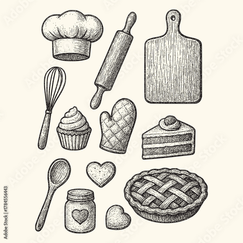 Chef Hat, Pot, Whisk, and Rolling Pin Vintage Drawing Vintage Baking Essentials and Sweet Treats Collection