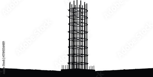 Circular column rebar cage icon vector—vertical bars, spiral ties, and concrete footing for structural engineering and construction visuals