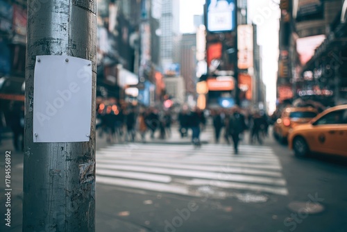 Fototapeta Naklejka Na Ścianę i Meble -  Urban street Times Square NYC, small blank poster on lamppost, pedestrians walking in blurred motion, taxis passing, neon lights, clean urban realistic photo