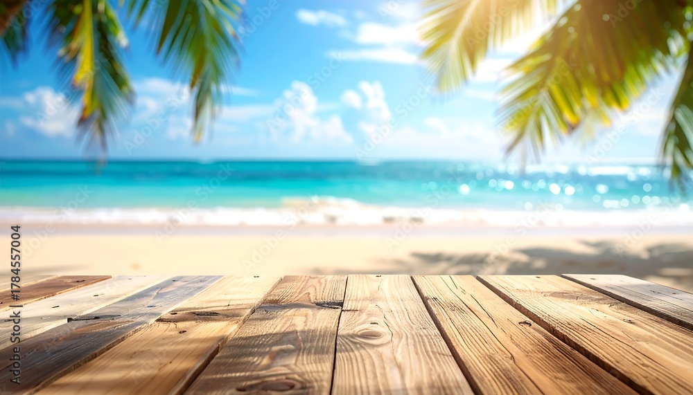 Fototapeta premium Sunny beach scene with wooden planks foreground, turquoise water, white sand, palm trees, and a blue sky