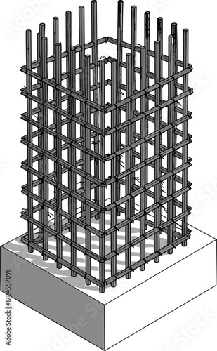 Concrete column rebar cage icon vector—vertical bars and stirrups for structural reinforcement in civil engineering and construction visuals