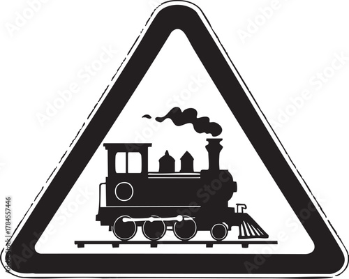 Railroad Crossing Warning Sign with Vintage Steam Train Silhouette Safety Transportation Traffic Signal Vector Illustration