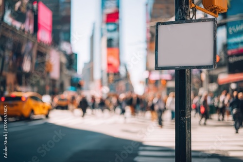 Fototapeta Naklejka Na Ścianę i Meble -  Urban Times Square street, small blank poster attached to lamppost, blurred crowd, taxis and neon lights, natural sunlight with soft shadows, clean urban aesthetic, realistic photo