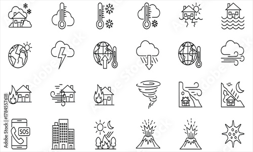 Detailed Line Vector Icons Collection of Natural Disasters, Severe Weather, Climate Change, and Environmental Emergencies