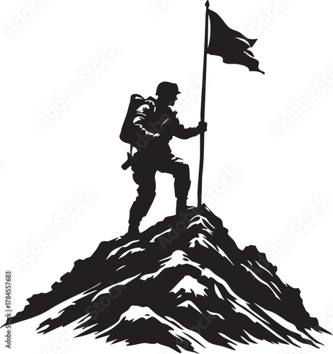 Soldier or Hiker Silhouette Planting Waving Flag on Mountain Peak Success Achievement Victory Goal Vector Illustration