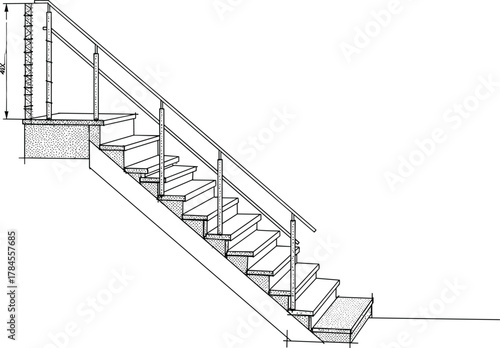Concrete staircase elevation icon vector—side view with handrail, balusters, landing, and structural details for architectural design visuals