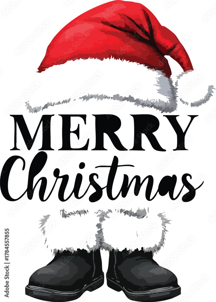 Naklejka premium Merry Christmas Text Design with Santa Claus Red Hat, Fuzzy White Trim, and Black Boots Holiday Season Vector Illustration