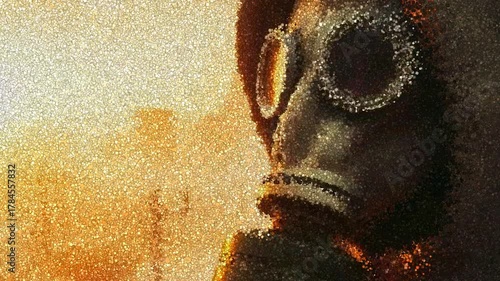 Person in Gas Mask and Hooded Jacket Standing in Foggy Cityscape with Tall Buildings and Power Lines at Sunset, Animation Made of Cubes