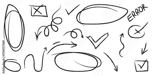 Hand drawn sketch elements including check marks arrows circles and error symbol
