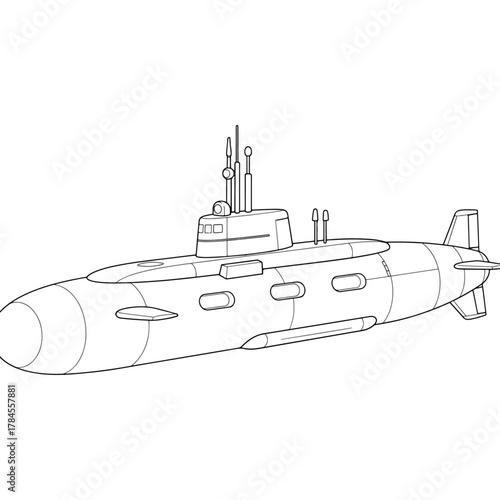 Submarine illustration, detailed outline drawing of a naval vessel, underwater transport, military technology