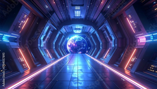 Fototapeta Naklejka Na Ścianę i Meble -  Space station corridor leads to a view of a planet. Neon lighting enhances the futuristic atmosphere