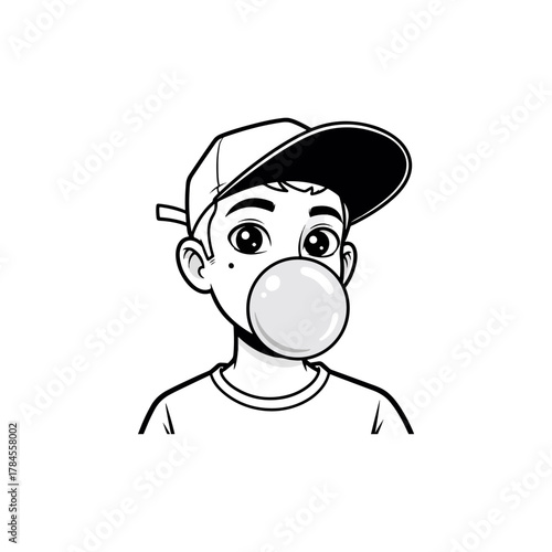 Cartoon boy with baseball cap blowing bubble gum, youthful expression, detailed illustration art
