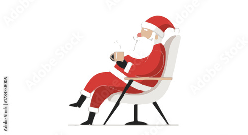 Santa Claus relaxing in a modern armchair with a hot drink, taking a break during the busy Christmas holiday season. Vector illustration on a white background