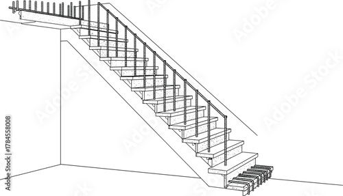 Concrete staircase rebar icon vector—3D structural view with landing, wall integration, and reinforcement bars for engineering design visuals