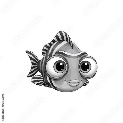 Cute cartoon fish illustration, adorable aquatic character with big eyes, smiling cheerfully with grey stripes