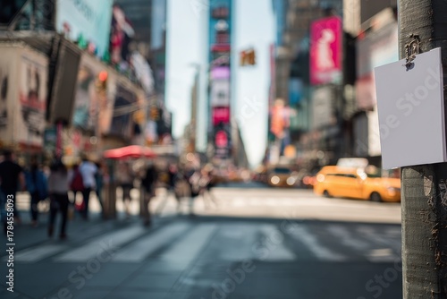 Fototapeta Naklejka Na Ścianę i Meble -  Times Square street scene, small blank poster on lamppost, pedestrians walking in blurred motion, taxis, neon lights, clean urban aesthetics, realistic sunlight and shadows
