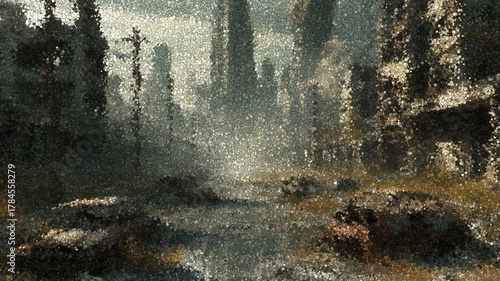 Desolate City Street with Crumbling Buildings and Burned-Out Cars Overgrown by Vegetation Under Smoke-Filled Sky, Animation Made of Cubes