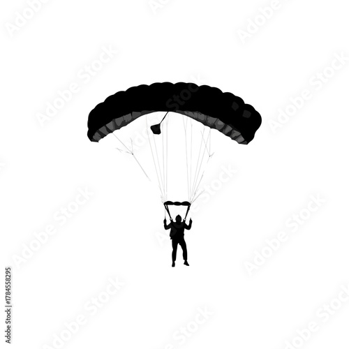 Parachutist silhouette, a thrilling skydiver descending with an open parachute against white.