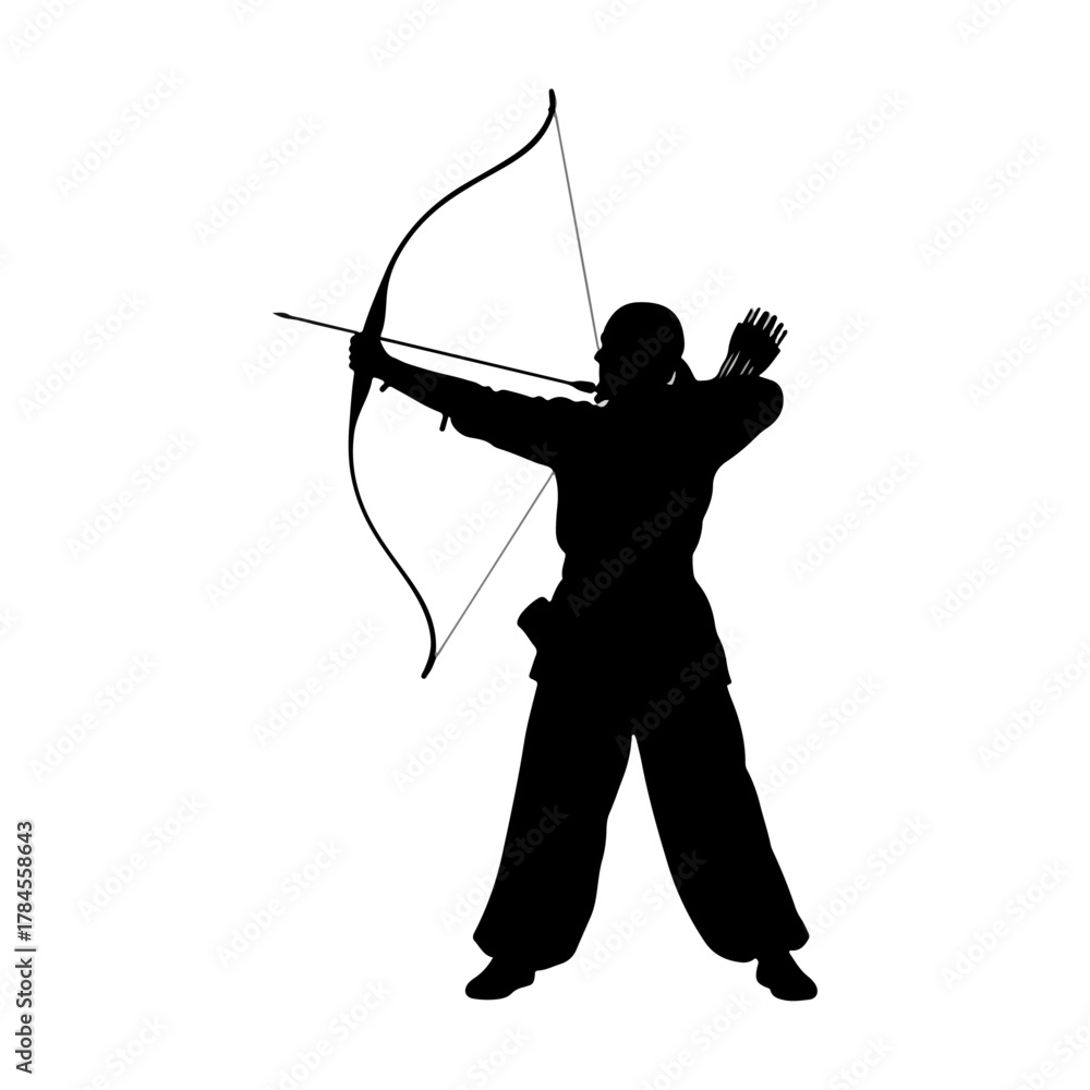 Obraz premium Archer silhouette, traditional bow and arrow, precise target shooting, ancient sport practice, full body.