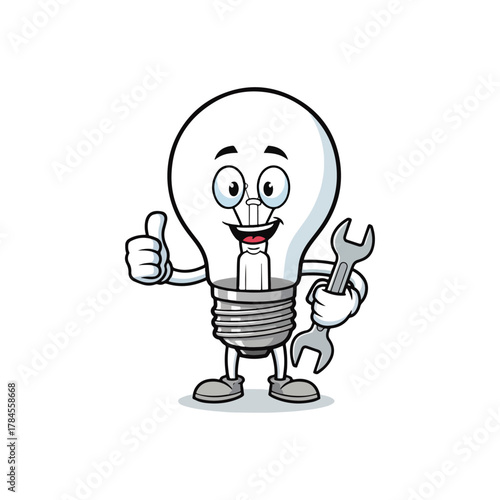 Cartoon light bulb character giving thumbs up, holding a wrench, symbolizing bright ideas, repair service, and innovation.