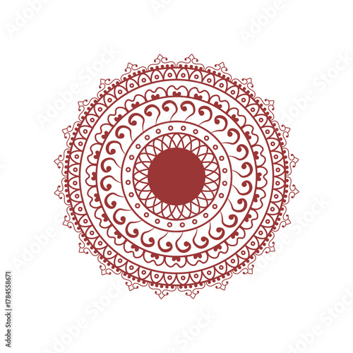 Intricate red mandala design with circular symmetry and floral motifs
