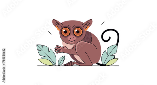 Cute Cartoon Tarsier on Leaves