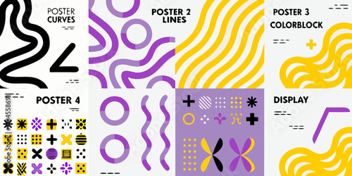 Abstract geometric shapes and patterns collage featuring curves lines color blocks and dots in purple yellow and black