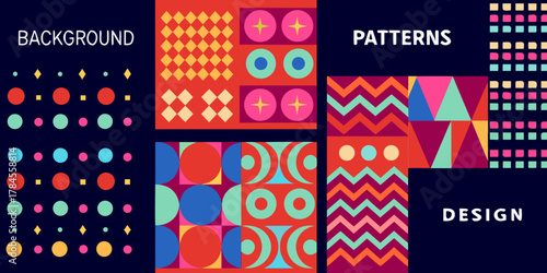 Collection of geometric patterns and abstract designs in vibrant retro colors