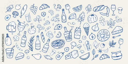 Hand drawn doodle collection of food and drinks in blue outline on a light background