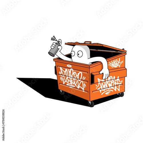 Funny cartoon character emerges from graffiti-covered orange dumpster holding a spray can, urban art style