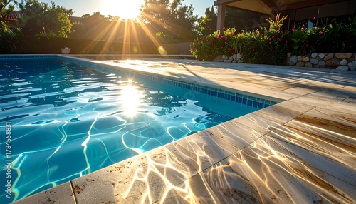 Sunlight glares on a clear pool with stone edging, plants, and a building in the background on a bright day