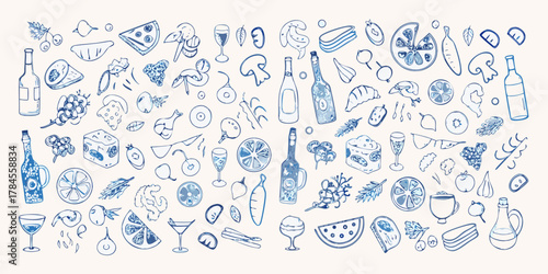 Whimsical blue line art food and drink illustrations seamless pattern background